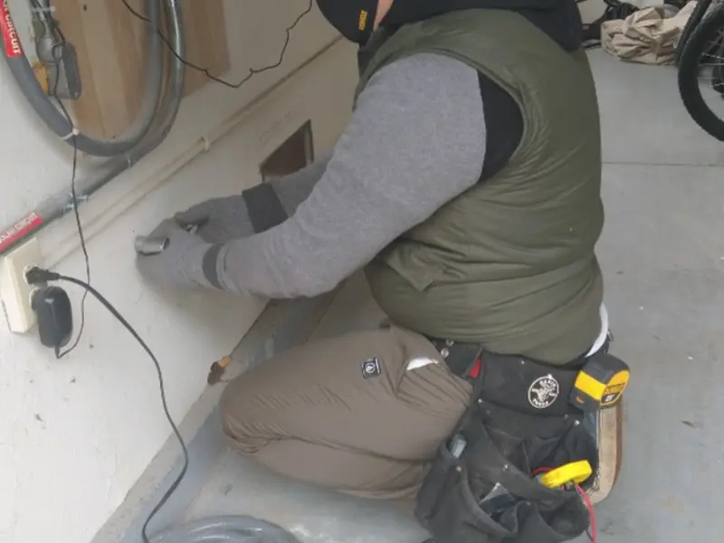 Electrician performing outlet wiring in a Apex garage